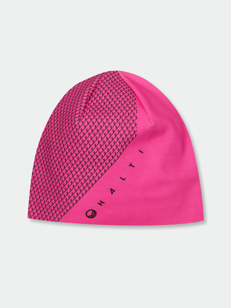 Vaaleanpunainen pipo, jossa on geometrinen musta kuvio toisella puolella ja sana HALTI painettuna pystysuoraan tuotemerkin logon viereen tavallisella puolella.