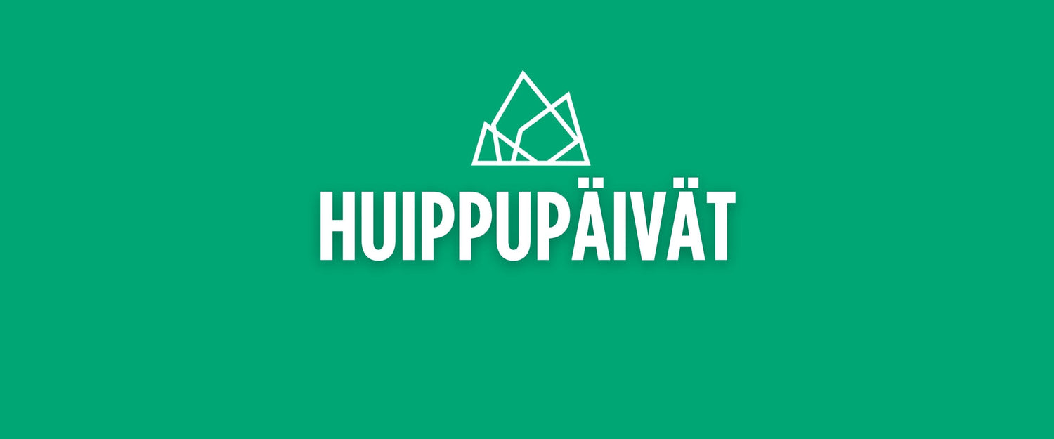 Valkoinen geometrinen vuori-kuvake, jonka yläpuolella on sana HUIPPUPÄIVÄT lihavoituna, valkoisin suuraakkosin, kiinteällä vihreällä pohjalla.