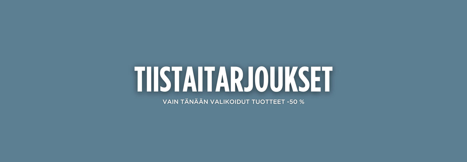 Sinisellä pohjalla on teksti TIISTAITARJOUKSET suurilla valkoisilla kirjaimilla, jonka alla on pienempi teksti: Vain tänään valikoidut tuotteet -50 %.