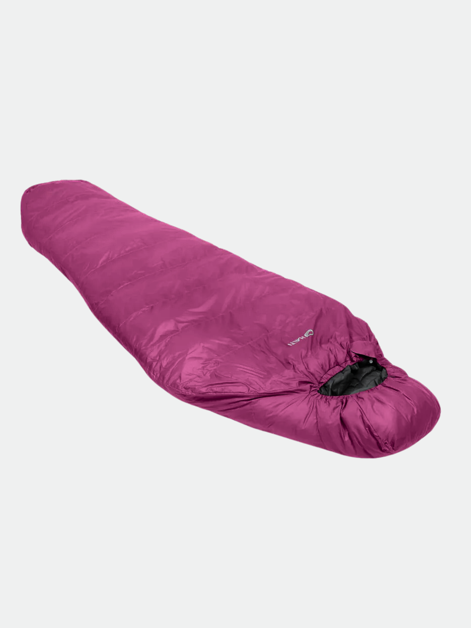 Halti Dreamcatcher 30 M Makuupussi, violetti muumiopussi lämpökaulus, kierrätetty PET, kokonaan vetoketju harmaalla pohjalla.