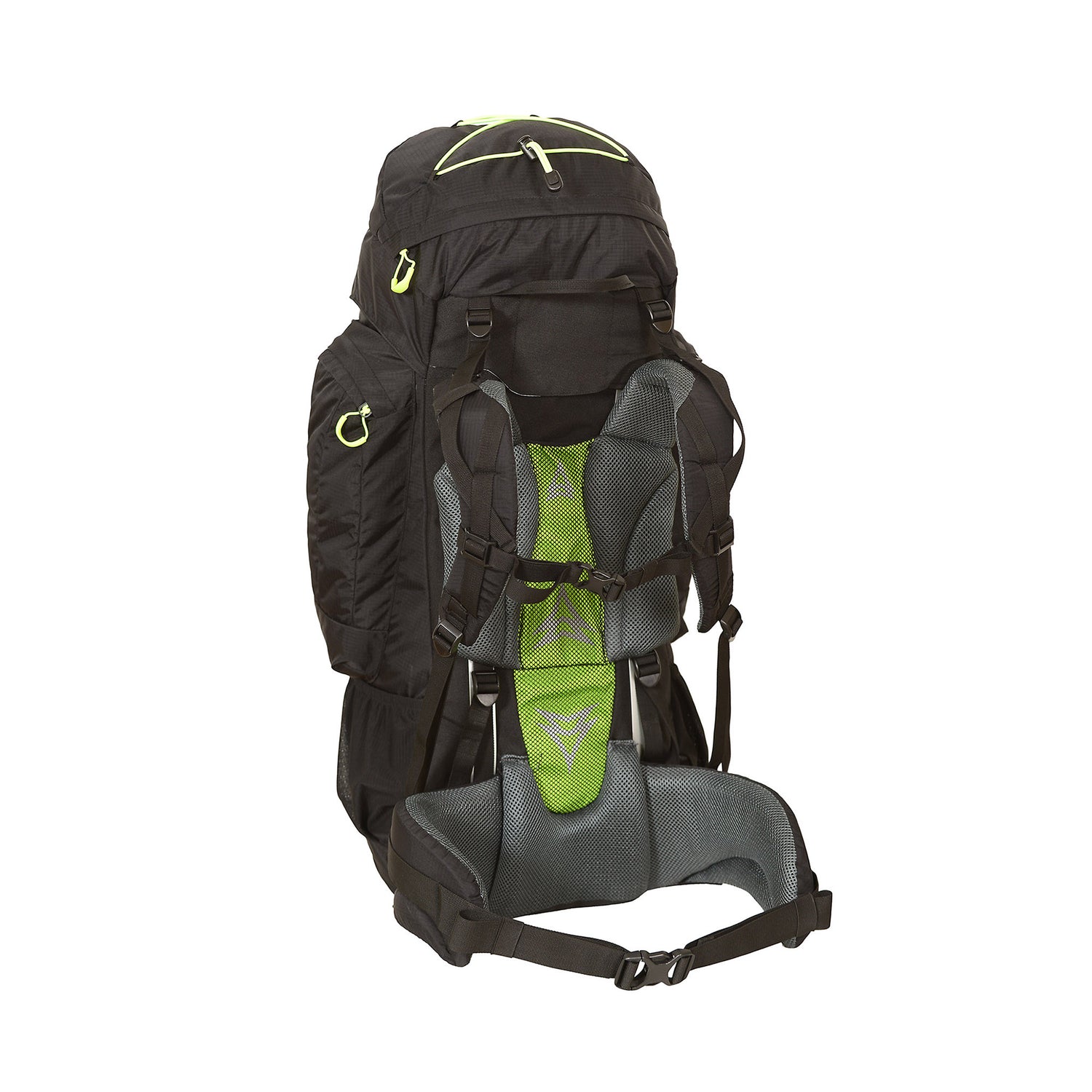 Halti Rapid 55 vaellusreppu, musta-vihreä, ergonominen kantojärjestelmä ja säädettävä selkäosa.
