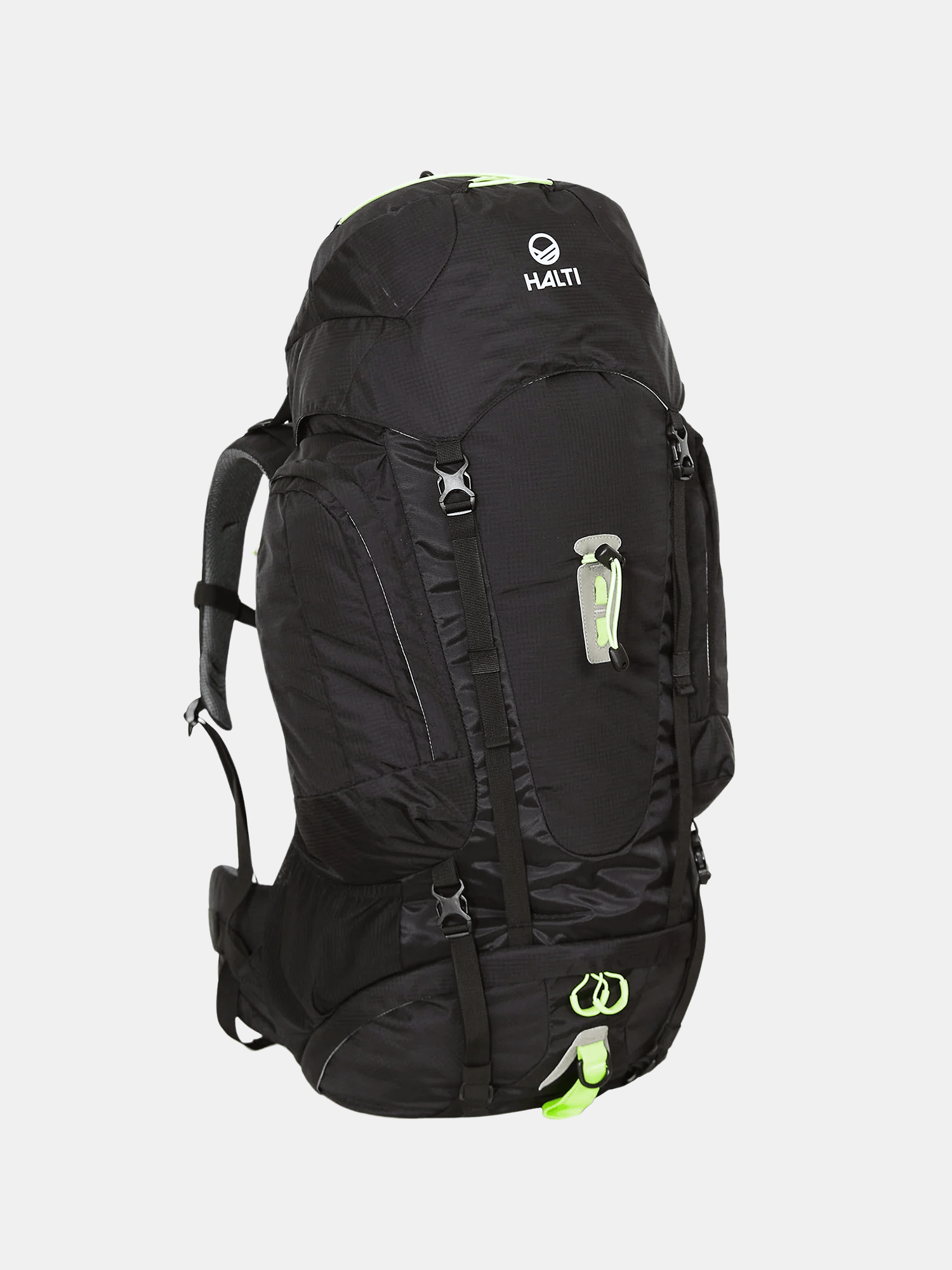 Halti Rapid 55 Vaellusreppu: iso musta reppu ergonomisella, säädettävällä kantojärjestelmällä ja vihreillä yksityiskohdilla.