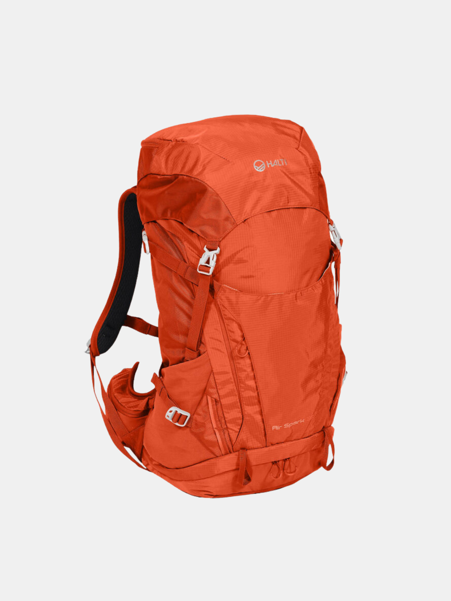 Halti Airspark 36 Reppu on iso oranssi vaellusreppu tuulettavalla kantojärjestelmällä ja sadesuojalla.