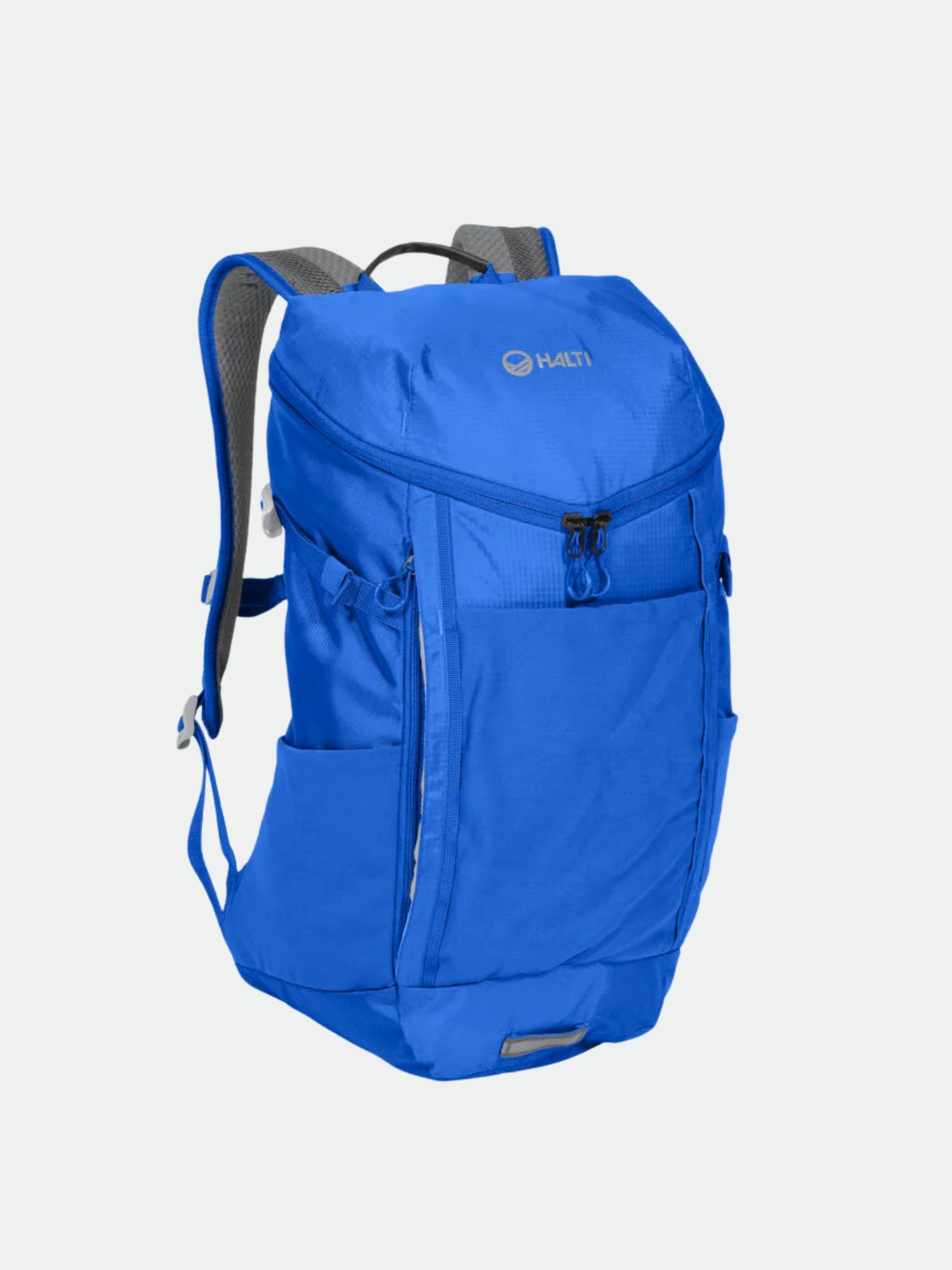 Halti Airspark 25 Reppu on sininen tekninen päiväreppu, jossa on harmaat hihnat ja vetoketjulliset lokerot, kuvassa pystyssä.