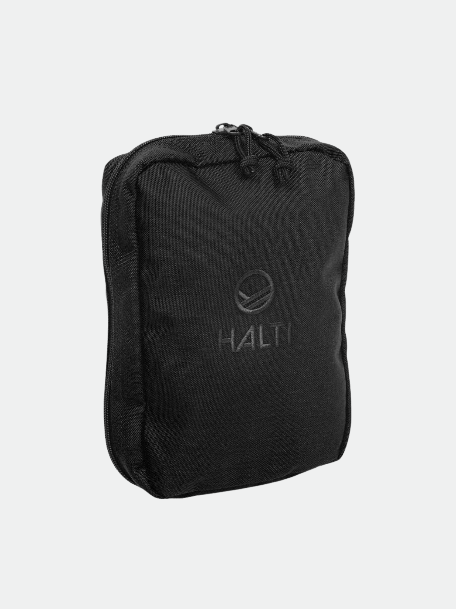 Halti MOLLE Tasku L: musta suorakaiteen muotoinen tasku, jossa YKK Tough vetoketjut, Haltin logo ja yksivärinen vaalea tausta.