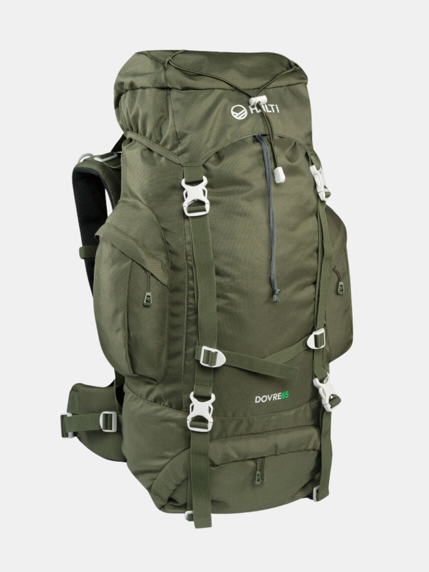 Oliivinvihreä Halti Dovre 65 Rinkka, jossa valkoiset soljet, säädettävä kantojärjestelmä ja useita taskuja.