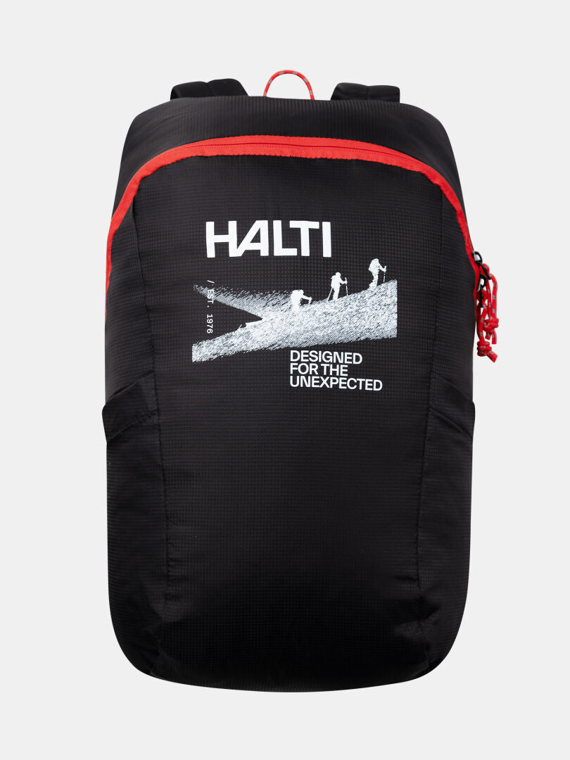 Musta Halti Streetpack Reppu, jossa on punaiset vetoketjut, valkoinen grafiikka ja edessä teksti