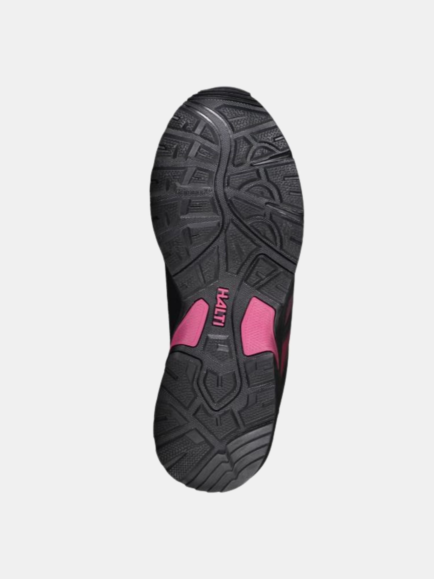 Musta Halti Vedenpitävä Softshell Ulkoilukenkä Naisten alapuoli vaaleanpunaisilla aksenteilla ja GripmaxX Antislip -pohjalla.