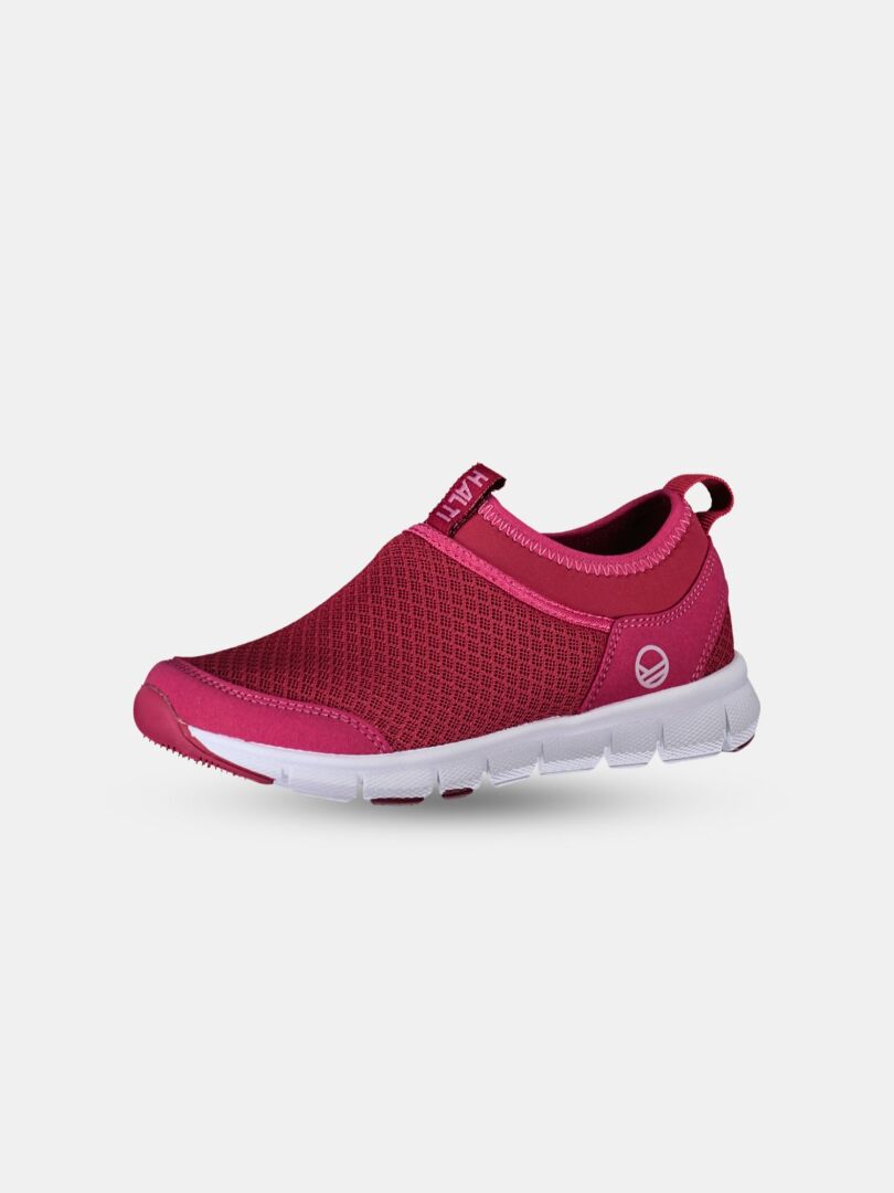 Halti Lente 2 lasten vapaa-ajan kenkä: pinkki slip-on, mesh-päällinen, Phylon-pohja, valkoinen ulkopohja.