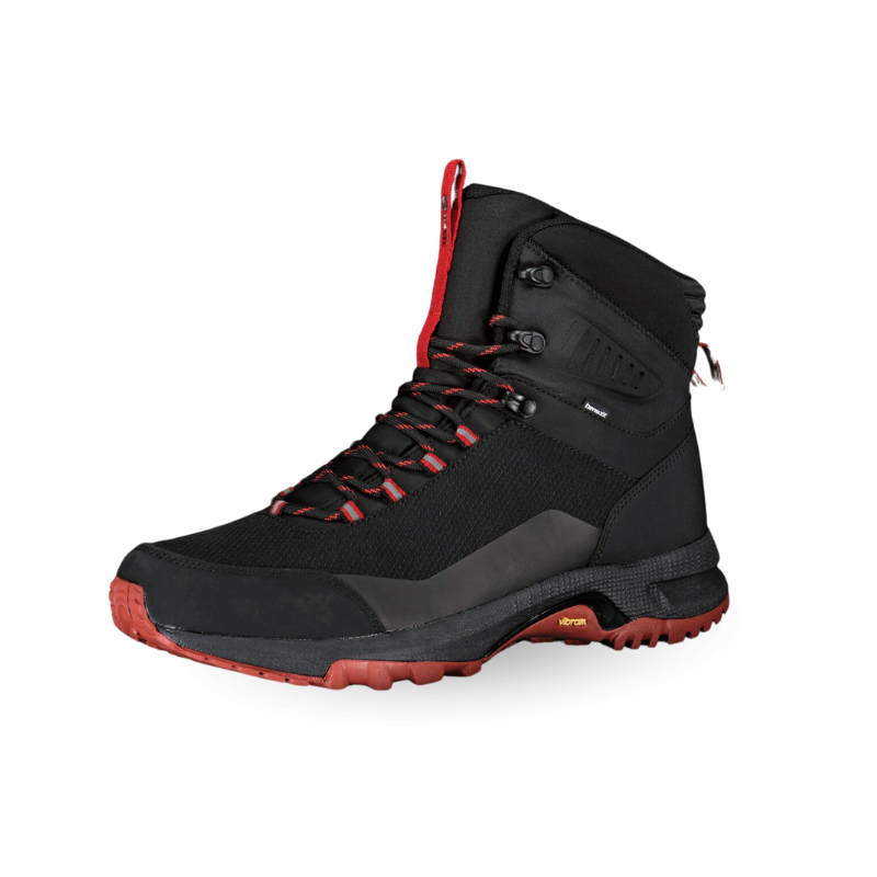 Halti Rorvik Miesten Mid DrymaxX vaelluskenkä, musta-punainen, Vibram pohja, punaiset nauhat.