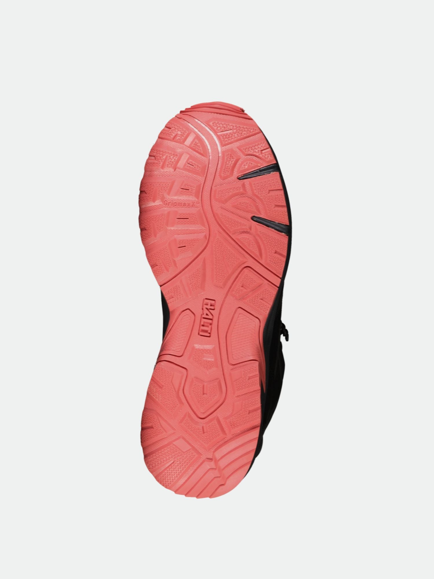 Halti Polaris Naisten Mid 2 DrymaxX ulkoilukenkä näkyy alhaalta, jossa on kuvioitu punainen pohja valkoisella pohjalla.