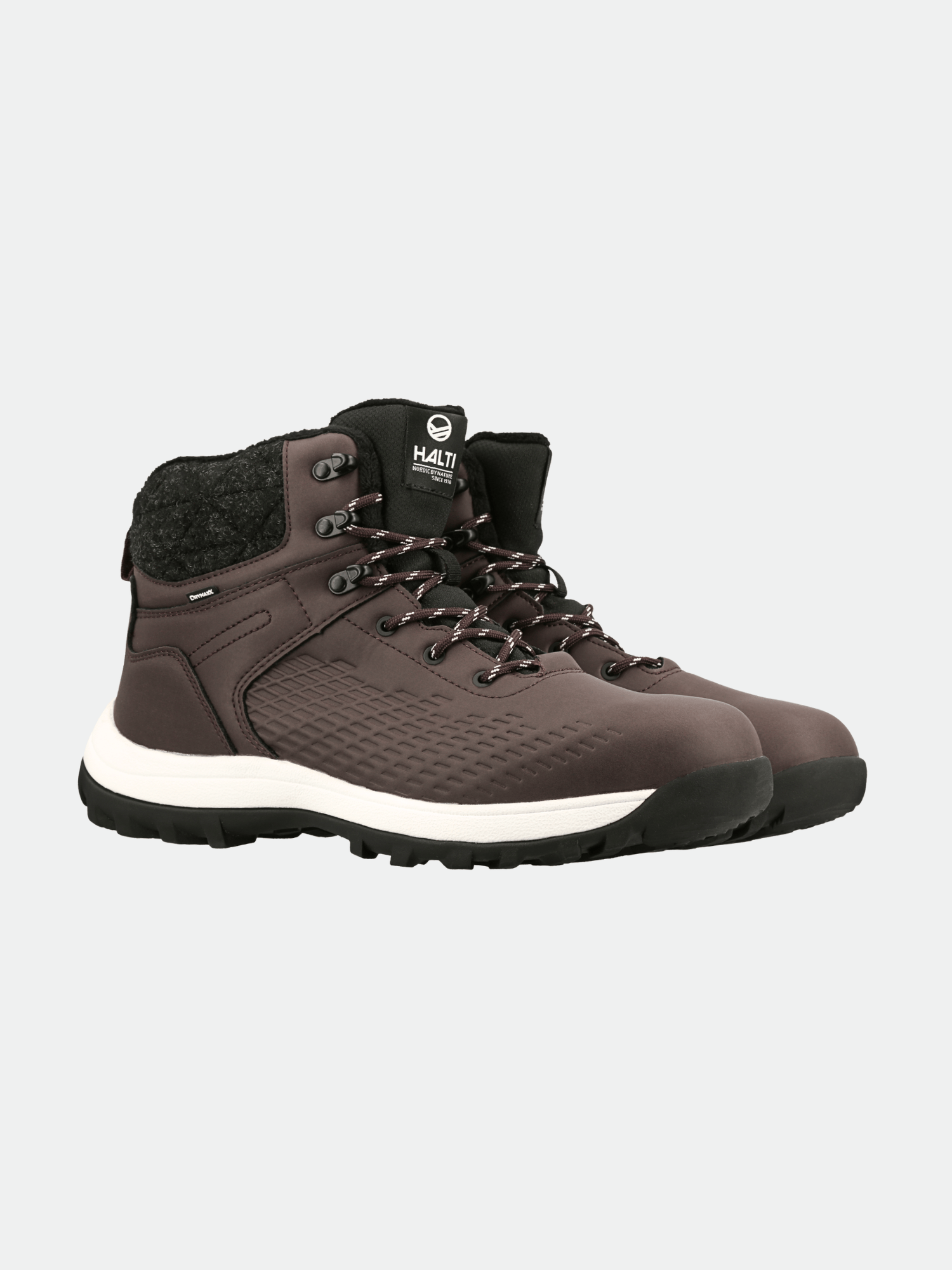 Halti Kevo Mid DX miesten talvikengät, tummanruskea, mustalla pohjalla ja nauhoilla vaalealla taustalla.