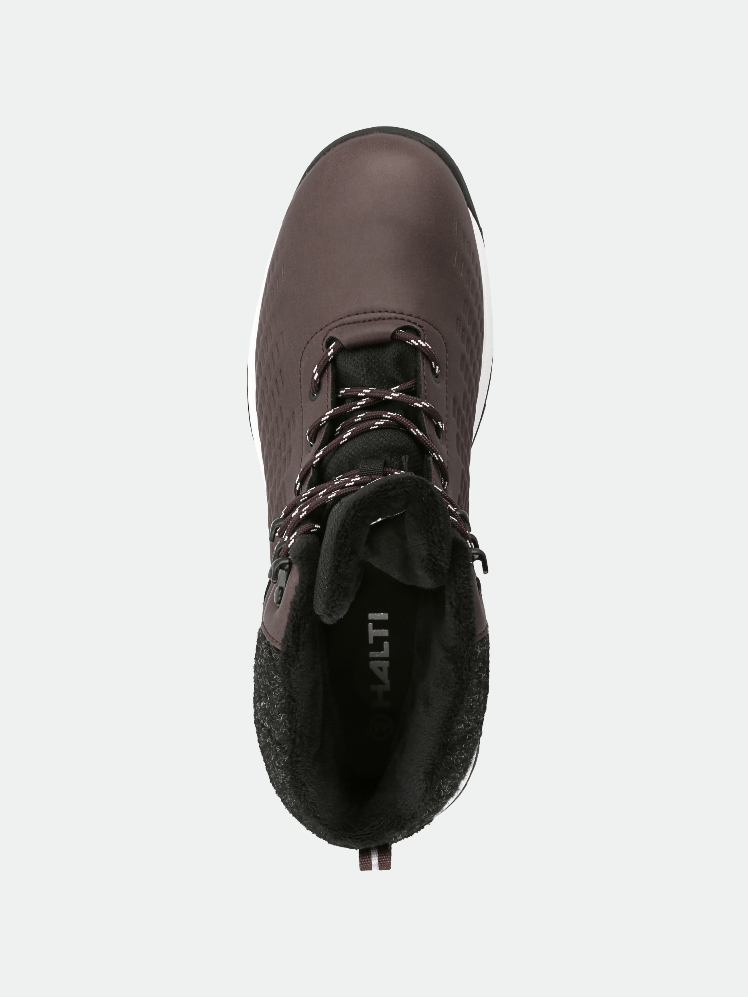 Halti Kevo Mid DX miesten talvikenkä ruskeana mustalla vuorella, ylhäältä katsottuna vaalealla pohjalla.