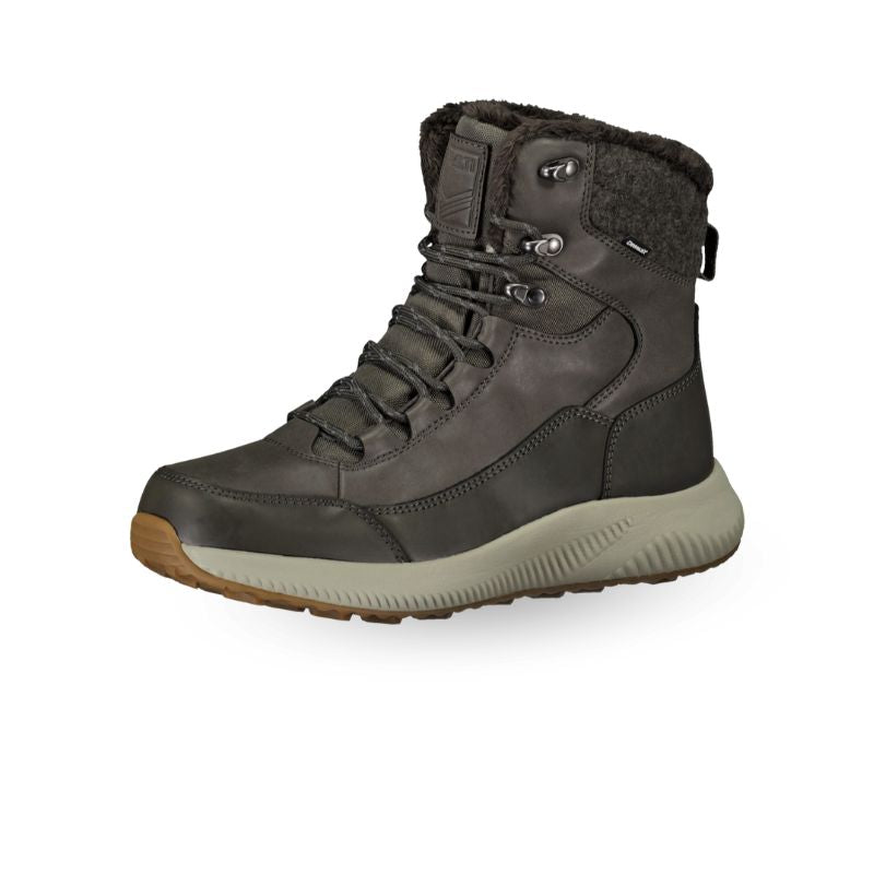 Tummanharmaa Halti Dundee Mid DrymaxX Talvikenkä naisten saapas, jossa on pehmustettu nilkka, valkoisella taustalla.