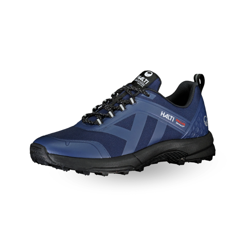 Tummansininen Halti Pallas Miesten DrymaxX lenkkari valkoisella taustalla, jossa GripmaxX Trail -pohja.