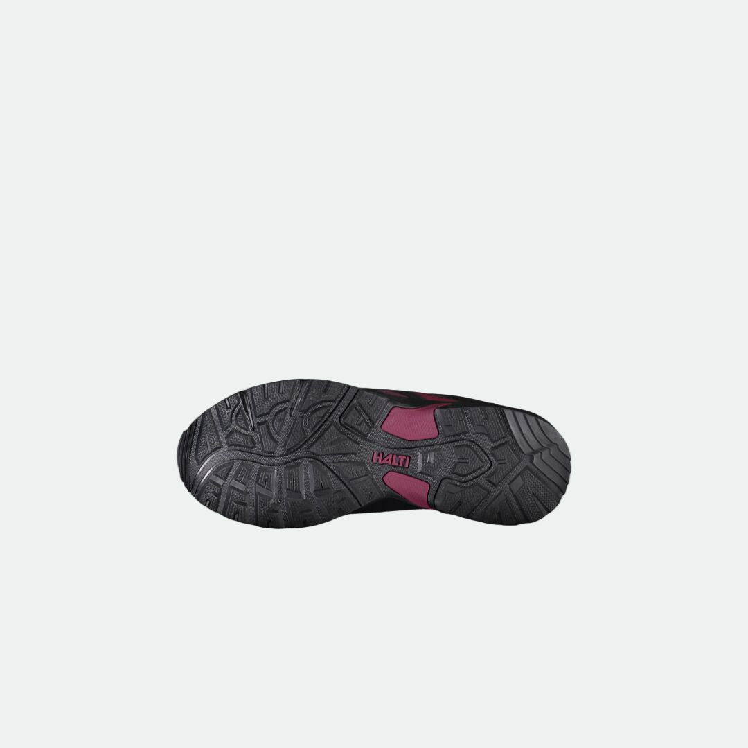 Halti Vedenpitävä Mid DX naisten kenkä mustaa ja vaaleanpunaista, kuvassa pohjasta DrymaxX kalvo ja kuvioitu pito.