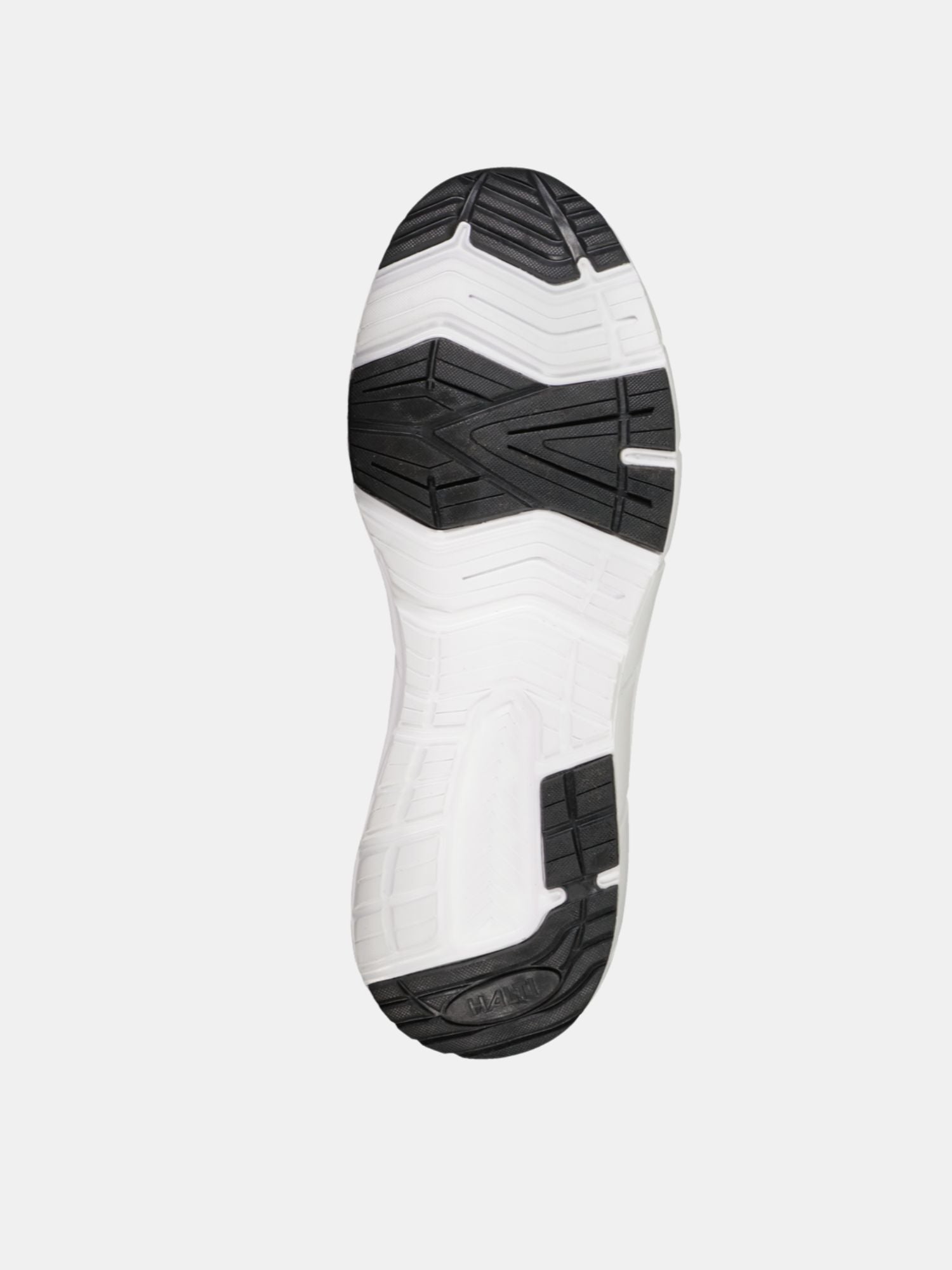 Kuvassa näkyy Halti Lester Nauhaton Kenkä Naisten mustavalkoinen pohjallinen valkoisella kuvioinnilla alhaalta päin katsottuna.