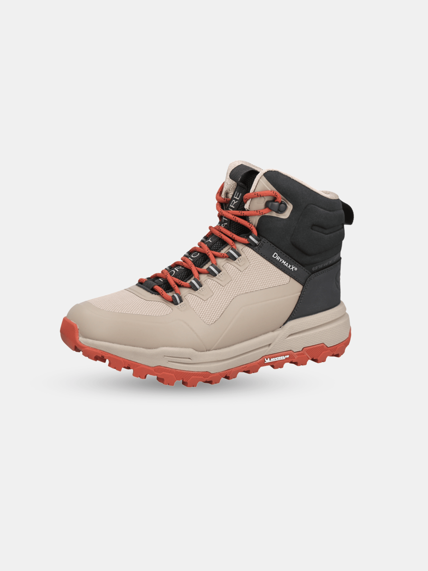 Beige ja musta Halti Hiker Kuru DX Ulkoilukenkä Miesten saappaat punaisilla nauhoilla, karu pohja, valkoisella pohjalla.