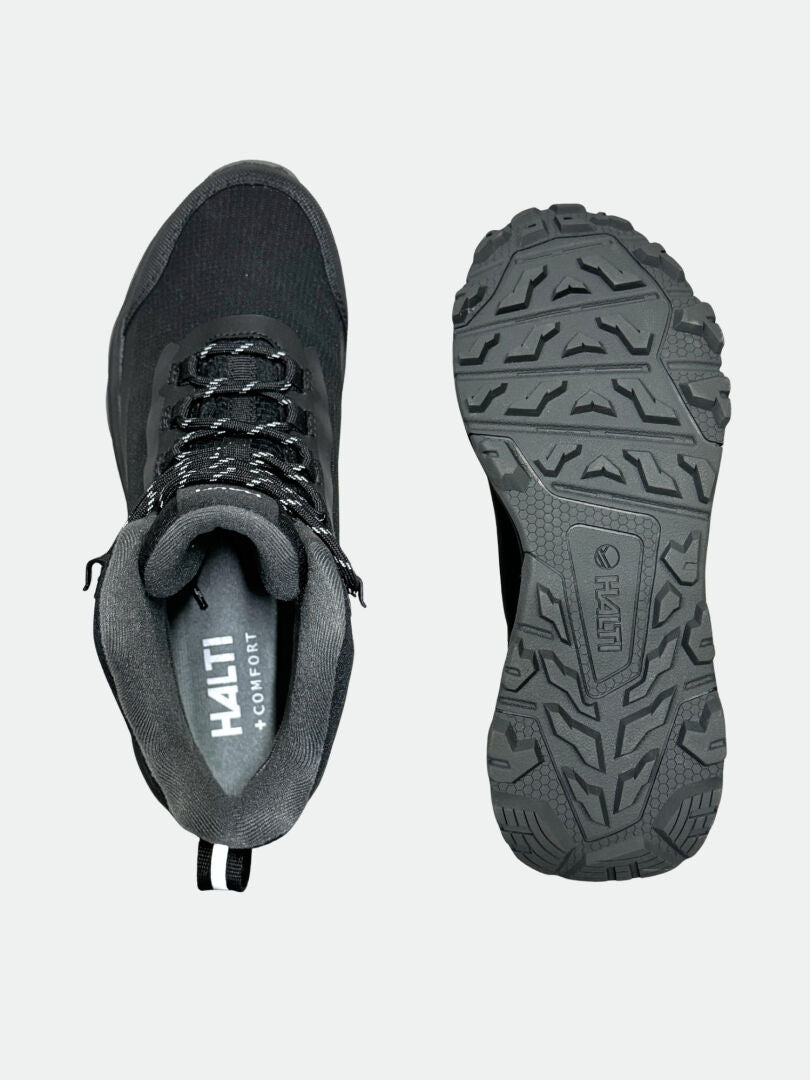 Pari mustia Halti Fara 3 DX Mid Ulkoilukenkä Naisten, näytetään ylhäältä ja alhaalta kulutuspinnan ja nauhojen näyttämiseksi.