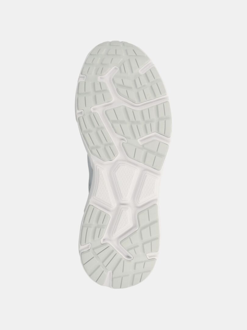 Kuvassa näkyy Halti Tempo 3 Lenkkari Miesten -kenkien valkoinen kumipohja, jossa on teksturoitu geometrinen kulutuspintakuvio.