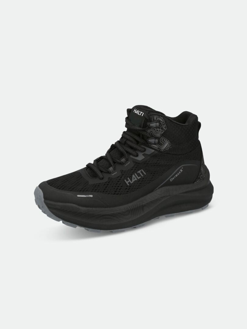 Halti Rapid DX Mid Ulkoilukenkä Miesten on musta miesten kenkä, jossa on paksu pohja, verkkopaneelit ja mustat nauhat.