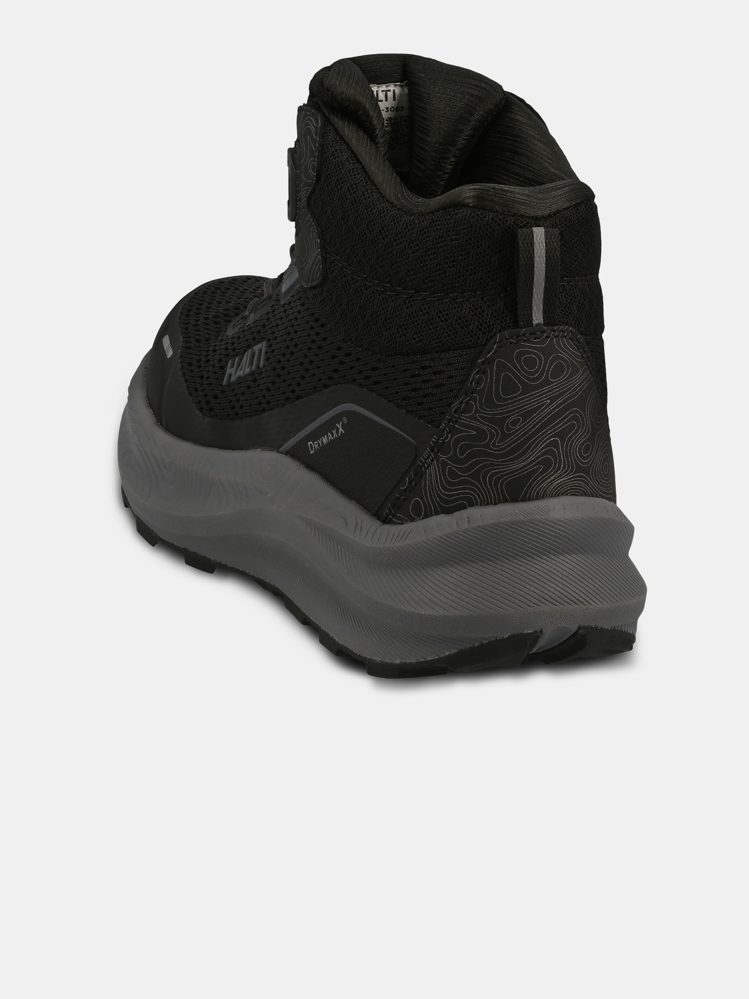 Halti Rapid Mid Mid Freelock DX Unisex-kenkä, musta, paksulla harmaalla pohjalla, kuvattu takaa vasemmalta vaalealla pohjalla.