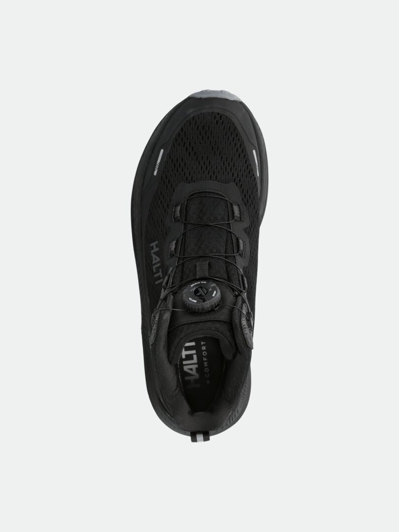 Halti Rapid Mid Freelock DX unisex-kenkä ylhäältä katsottuna, musta mesh, Freelock-suljin ja Halti-brändi.