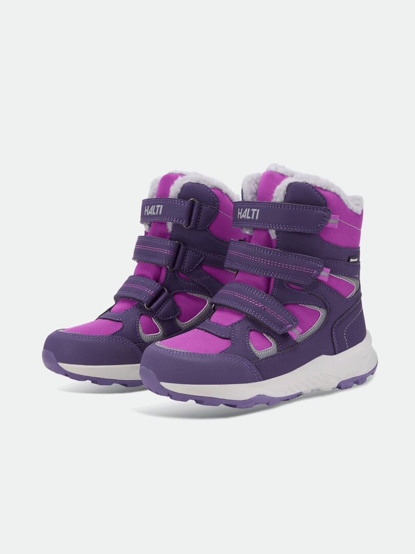 Halti Reiss 3 DX -lasten talvikengät, violetti/vaaleanpunainen, tarrakiinnitys, valkoiset pohjat, valkoisella taustalla.