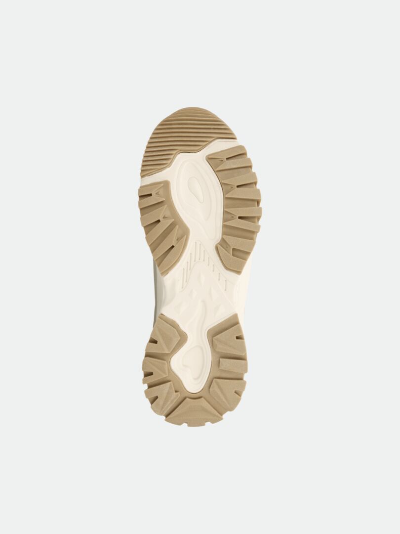 Halti Penger DX Mid Ulkoilukenkä Naisten lenkkaripohja, beige/valkoinen, kuvioitu kulutuspinta, kuvassa vaaleanharmaalla.