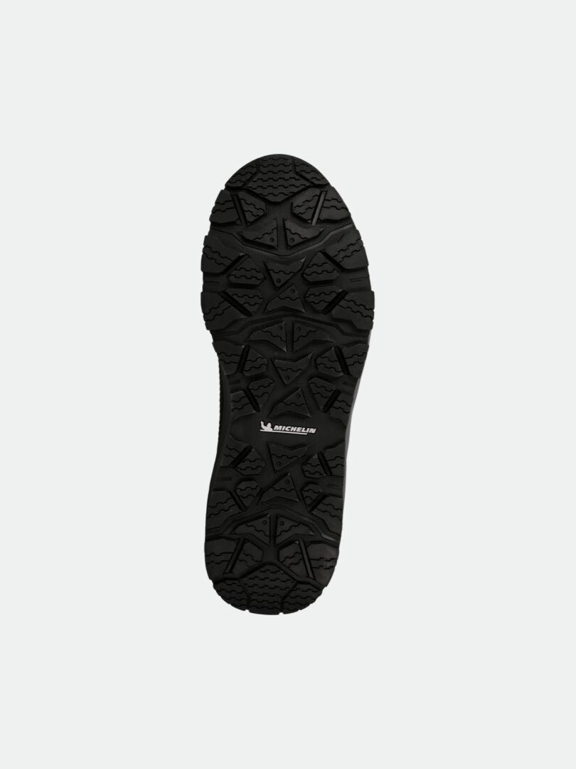 Halti Buli Mid 2 DX Freelock Kitkakenkä on musta Michelin-kumipohja, jossa on kuvioitu kulutuspinta ja keskellä logo.