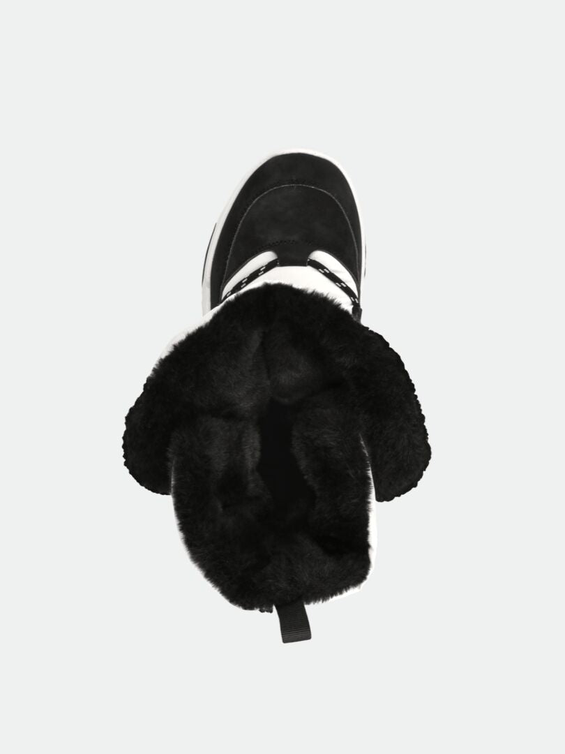 Halti Jeti DX Talvikenkä Naisten talvisaapas, musta/valkoinen, ylhäältä katsottuna, tekoturkisvuori ja kantapään vetolappu.