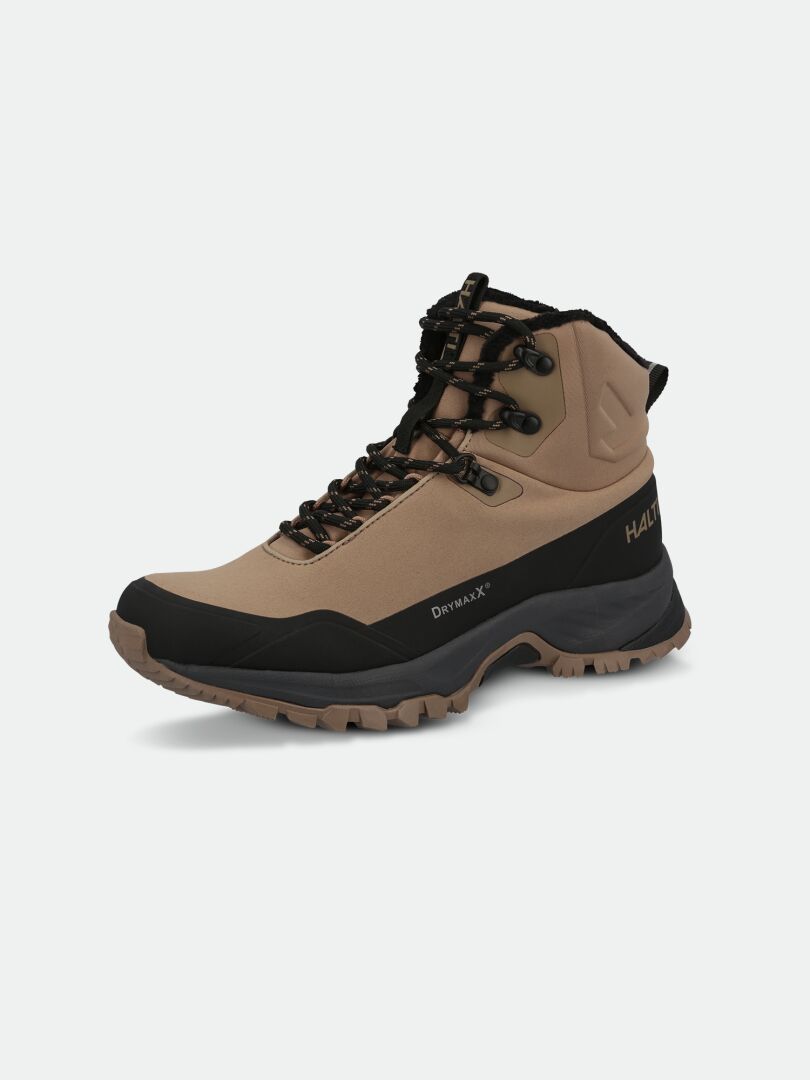 Nuuksio Mid 2 DX Ulkoilukenkä Naisten ruskean/mustan värinen, jossa on mustat nauhat, karkea pohja ja Halti-brändi kantapäässä.