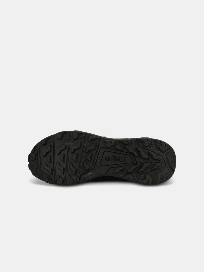 Halti Regis DX Vaelluskenkä Miesten musta kuvioitu kumipohja, jossa näkyy kulutuspintakuvio ja Hi-Tec-logo keskellä.
