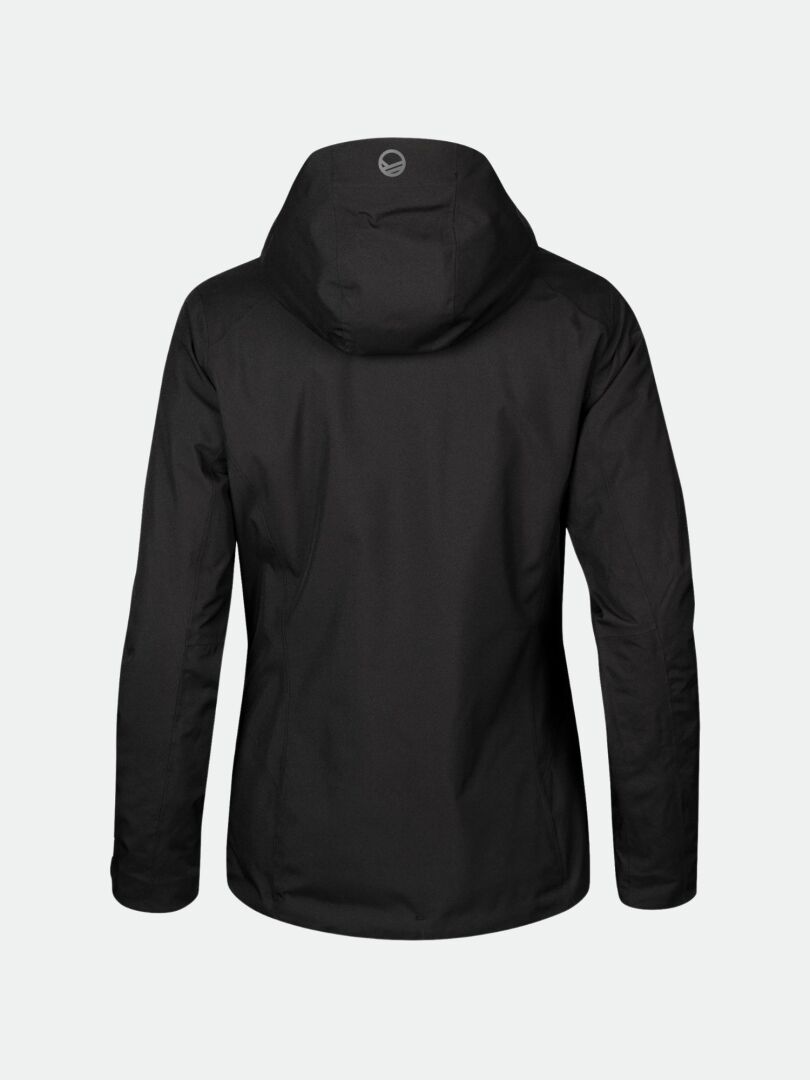 Halti DX Laskettelutakki Naisten mustana on kuvattu takaa vaaleaa taustaa vasten.