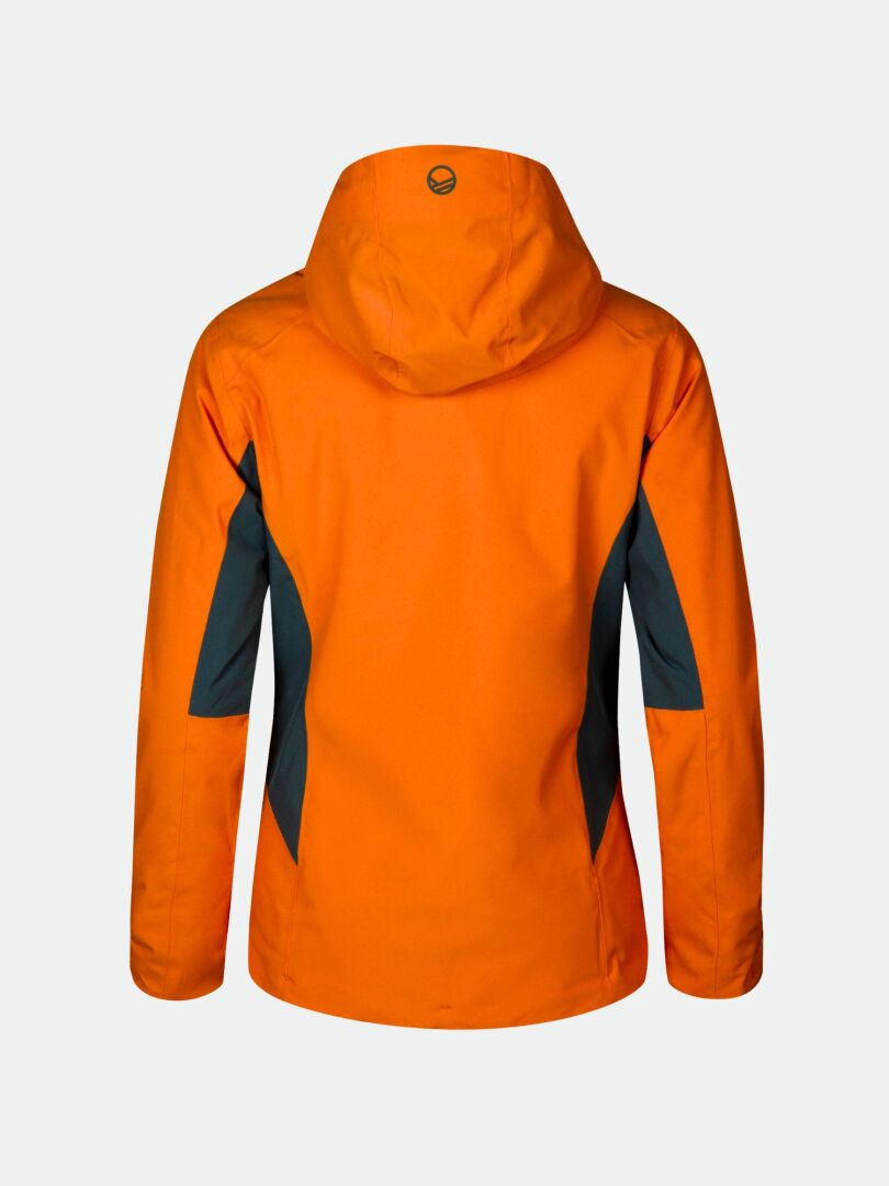Halti DX Laskettelutakki Naisten Plus oranssi hupullinen takki mustilla sivupaneeleilla, kuvassa takaa.