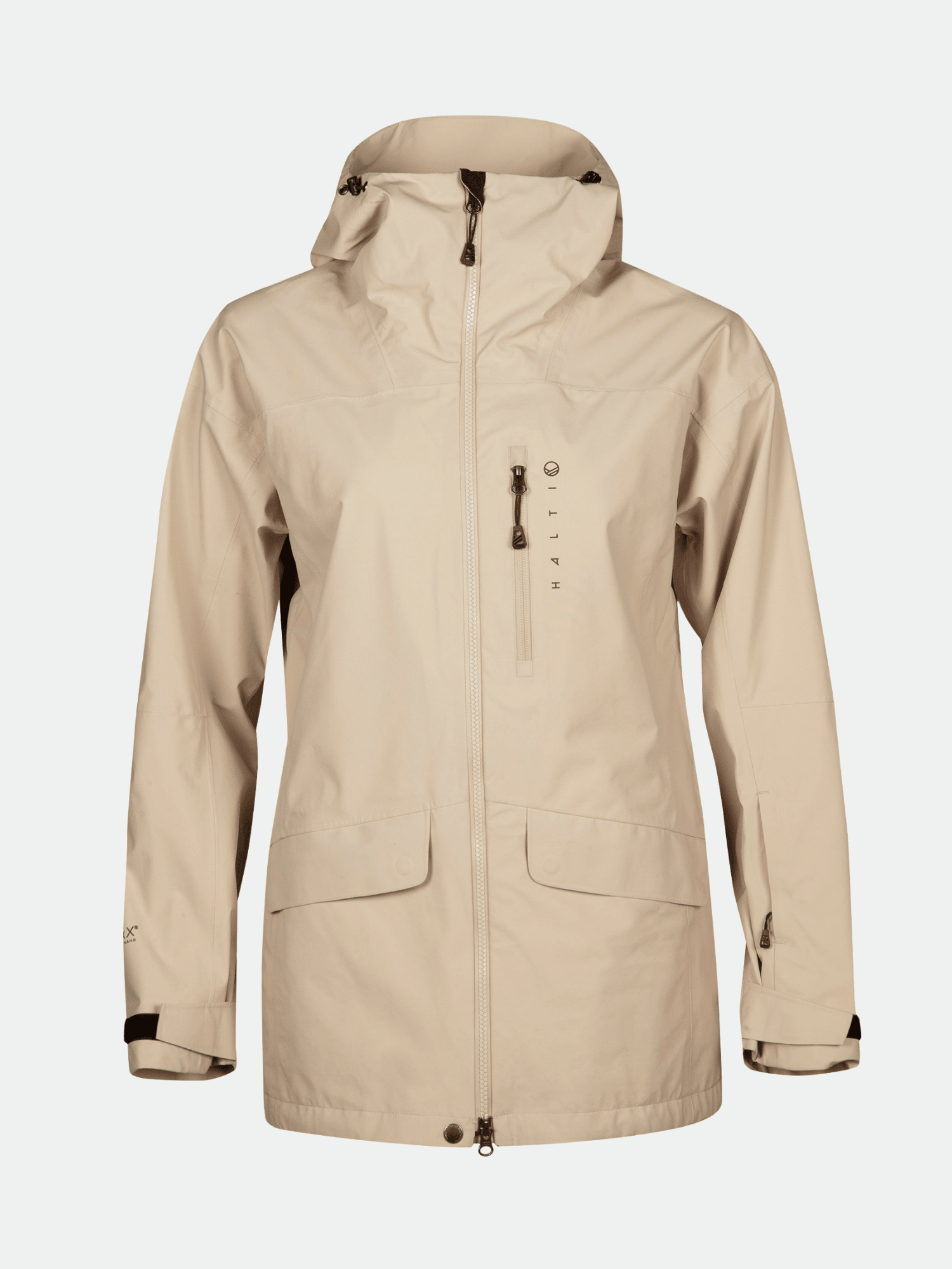 Halti Settler 3L DX Naisten laskettelutakki: beige, hupullinen, vetoketju, isot taskut, säädettävät hihansuut.
