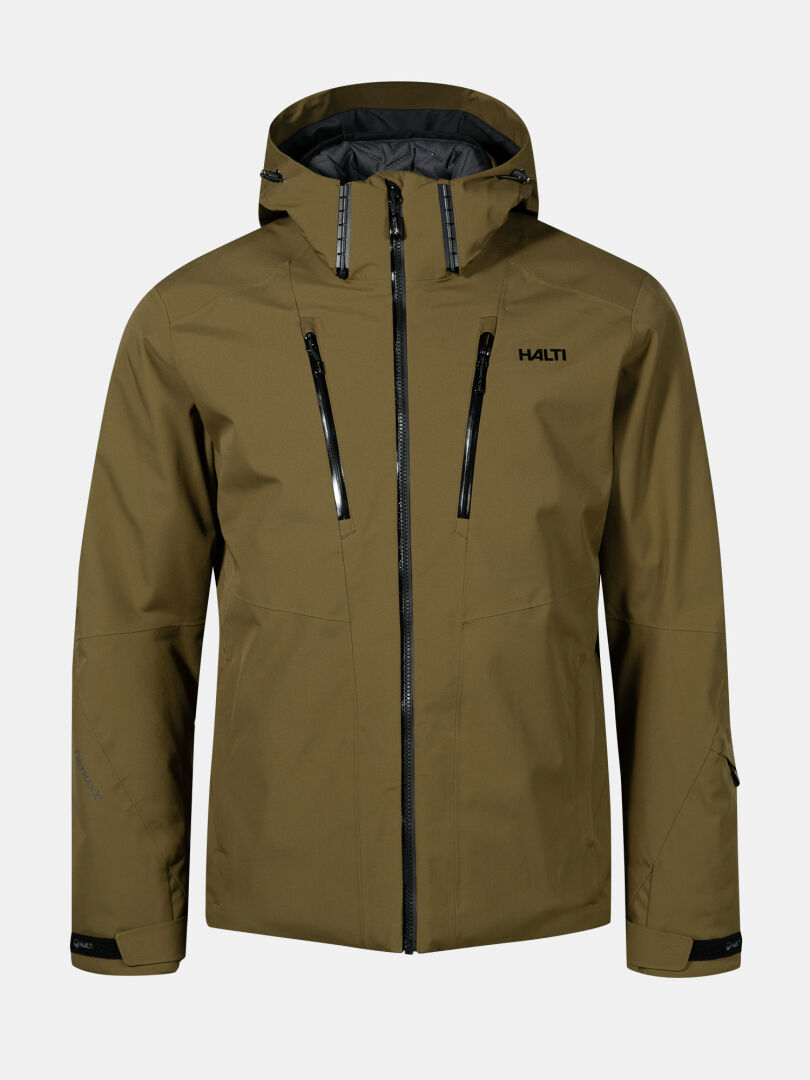Halti Vertica DX miesten takki, oliivinvihreä, mustat vetoketjut, Primaloft-toppaus, logo vasemmalla rinnassa.