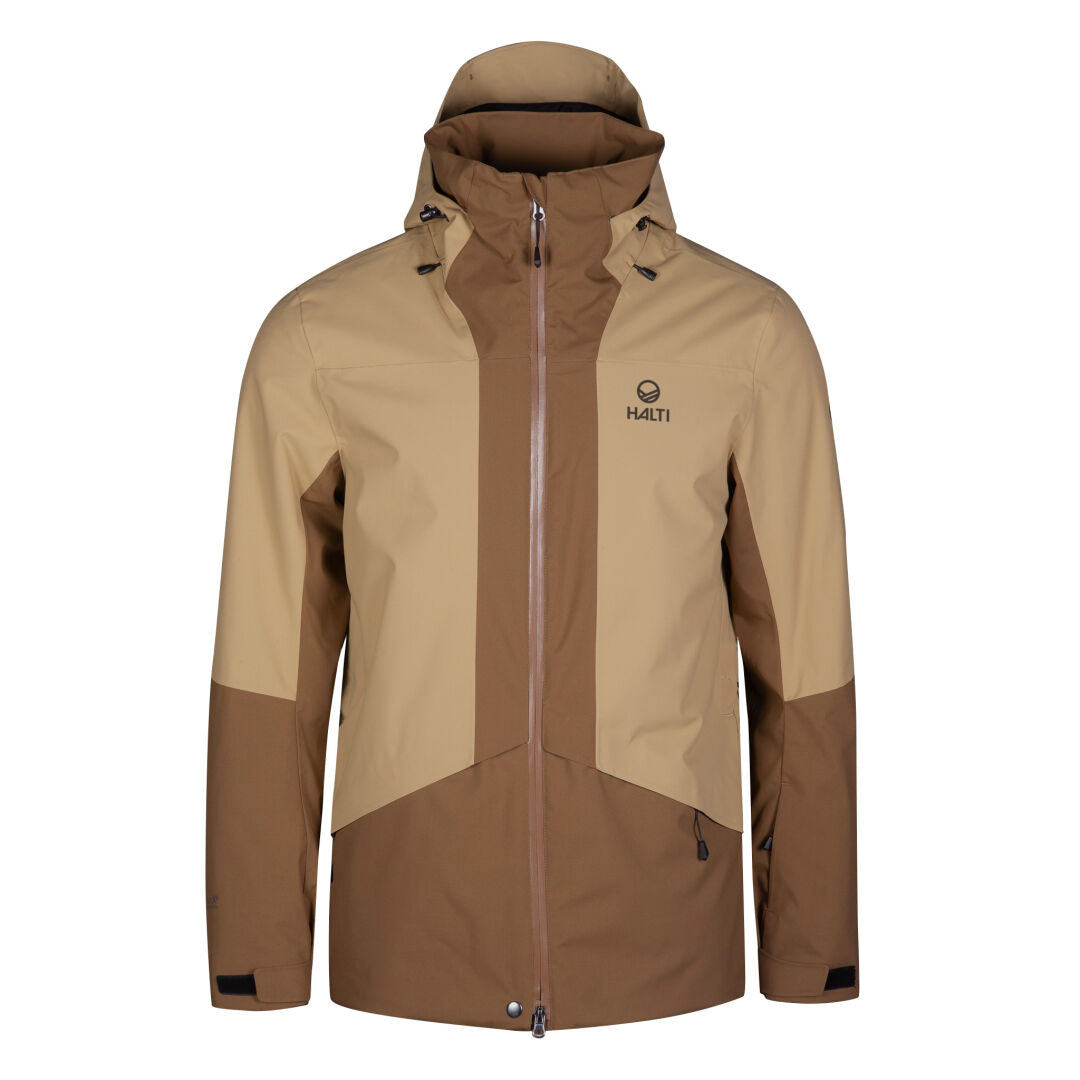 Halti Planker DX Laskettelutakki Miesten on ruskeanruskea hiihtotakki, jossa on vetoketju edessä ja logo rinnassa.