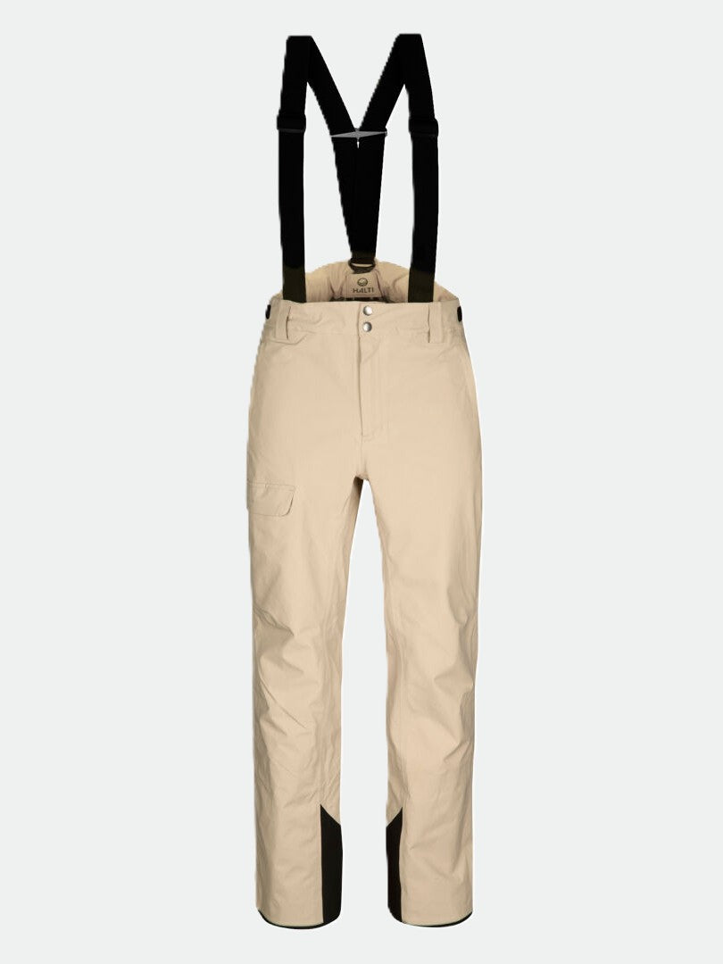 Halti Settler 3L DrymaxX miesten housut: beige, mustat henkselit, etunapit, reisitasku, vahvistetut hihansuut.