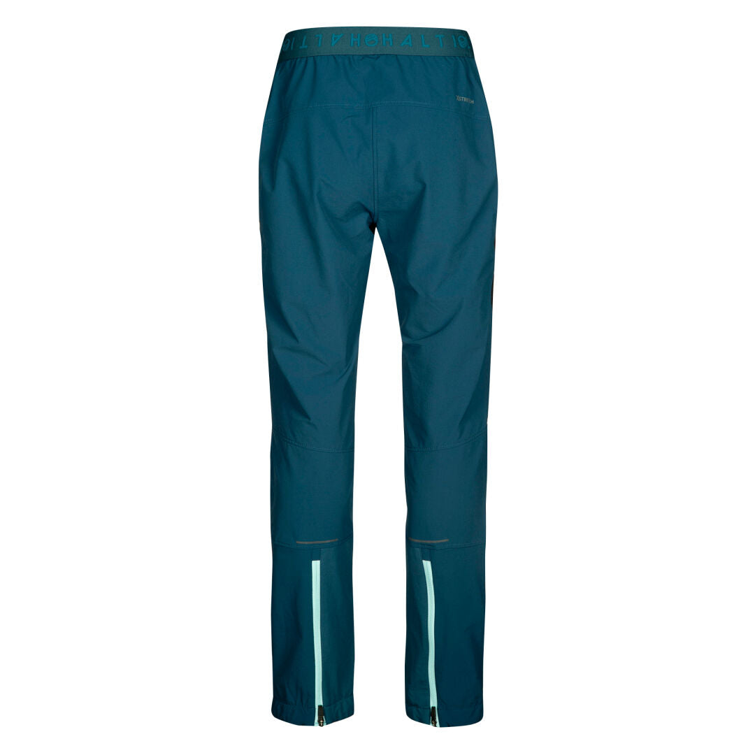 Halti Adrenaline Lite Housut Naisten: sinivihreät softshell-hiihtoretkeilyhousut, vaaleansiniset vetoketjut, kuvassa takaa päin.