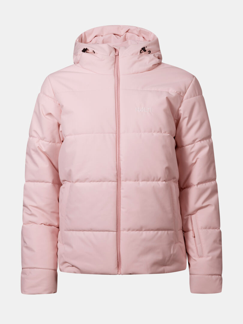 Halti Ascale Puffer Laskettelutakki Naisten Plus vaaleanpunaista, hupullinen, vetoketju edessä, hienovarainen logo vasemmalla rinnassa.