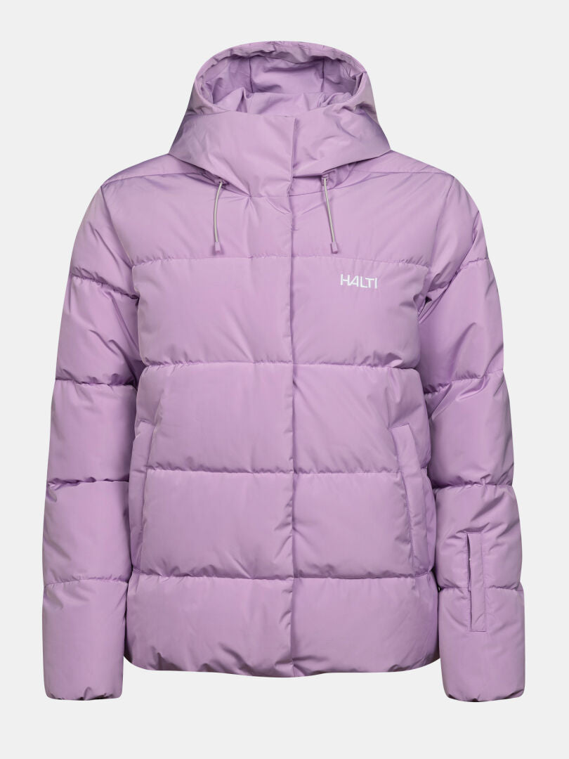 Halti Ascloud Puffer Laskettelutakki Naisten on vaalean violetti naisten takki, jossa on huppu, vetoketju ja DrymaxX-tekniikka.