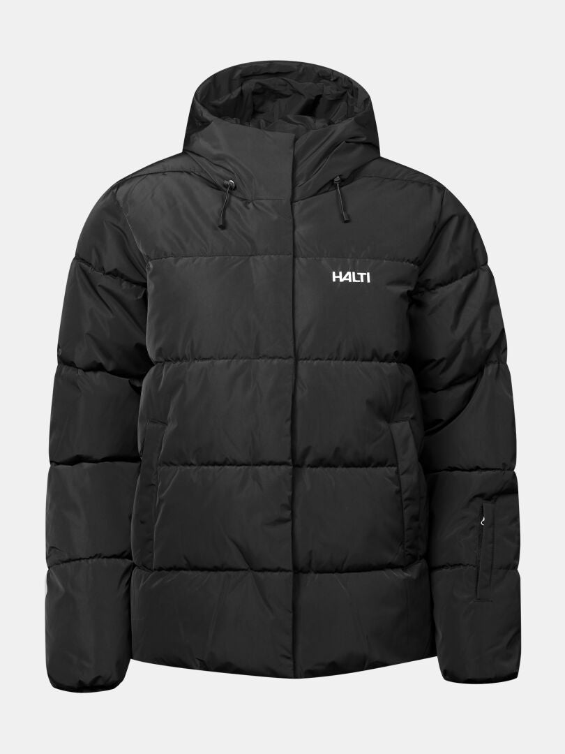 Halti Ascloud Puffer -laskettelutakki, musta, hupullinen, vetoketju, 2 taskua, DrymaxX-vedenhylkivä, naisille.