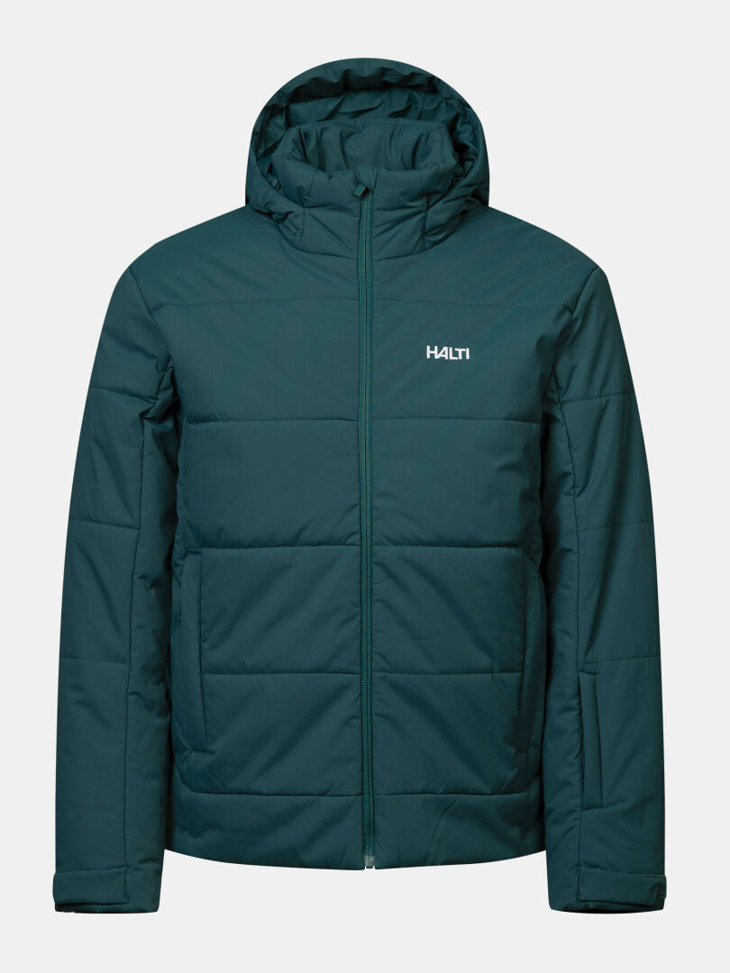 Halti Ascale II Puffer – miesten laskettelutakki, Microtherm-eristys, vetoketju ja logo rinnassa.