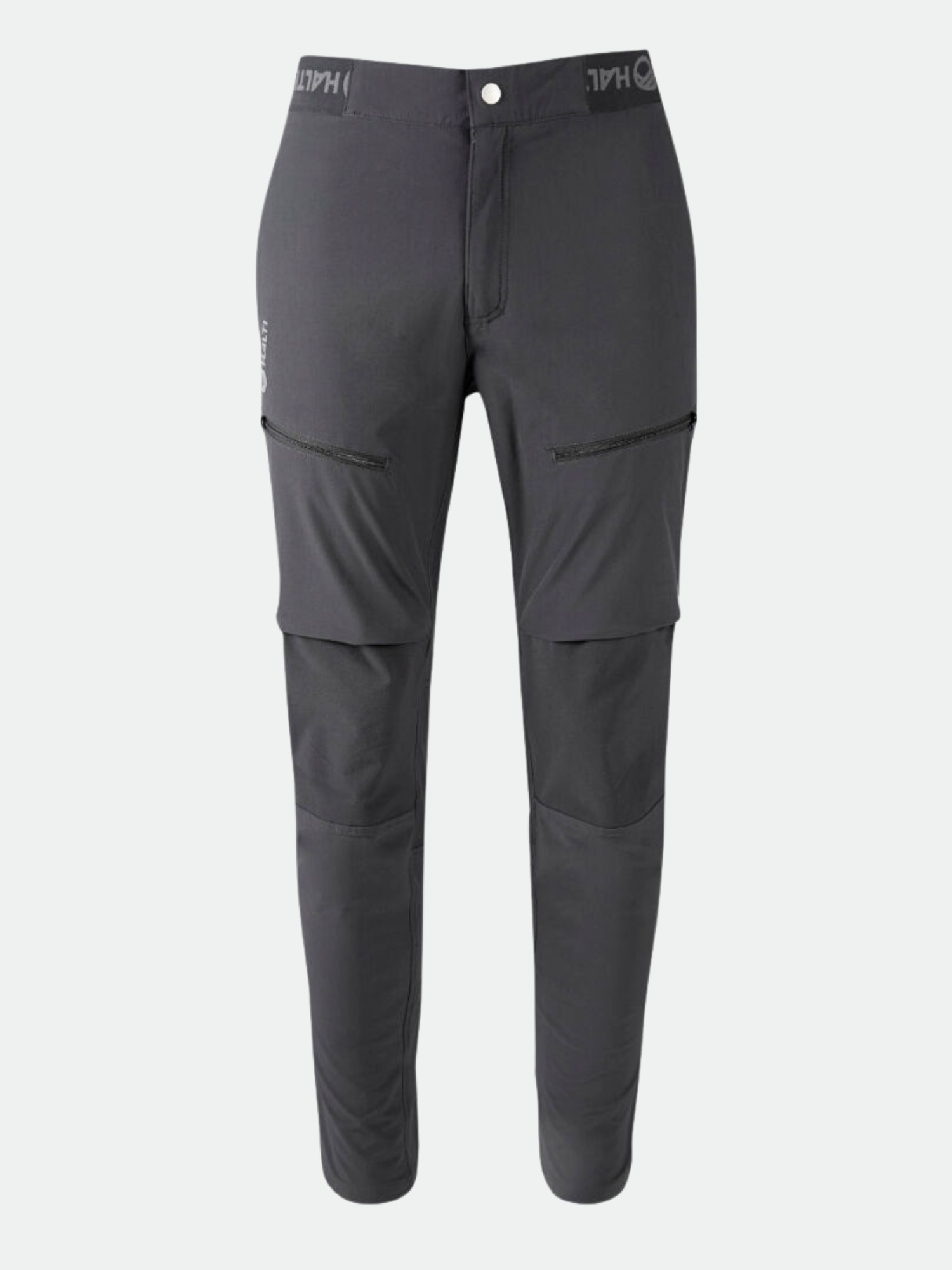 Halti Pallas II Miesten X-stretch SS22 Housut tummanharmaa, vetoketjutaskut ja napitettava vyötärönauha.