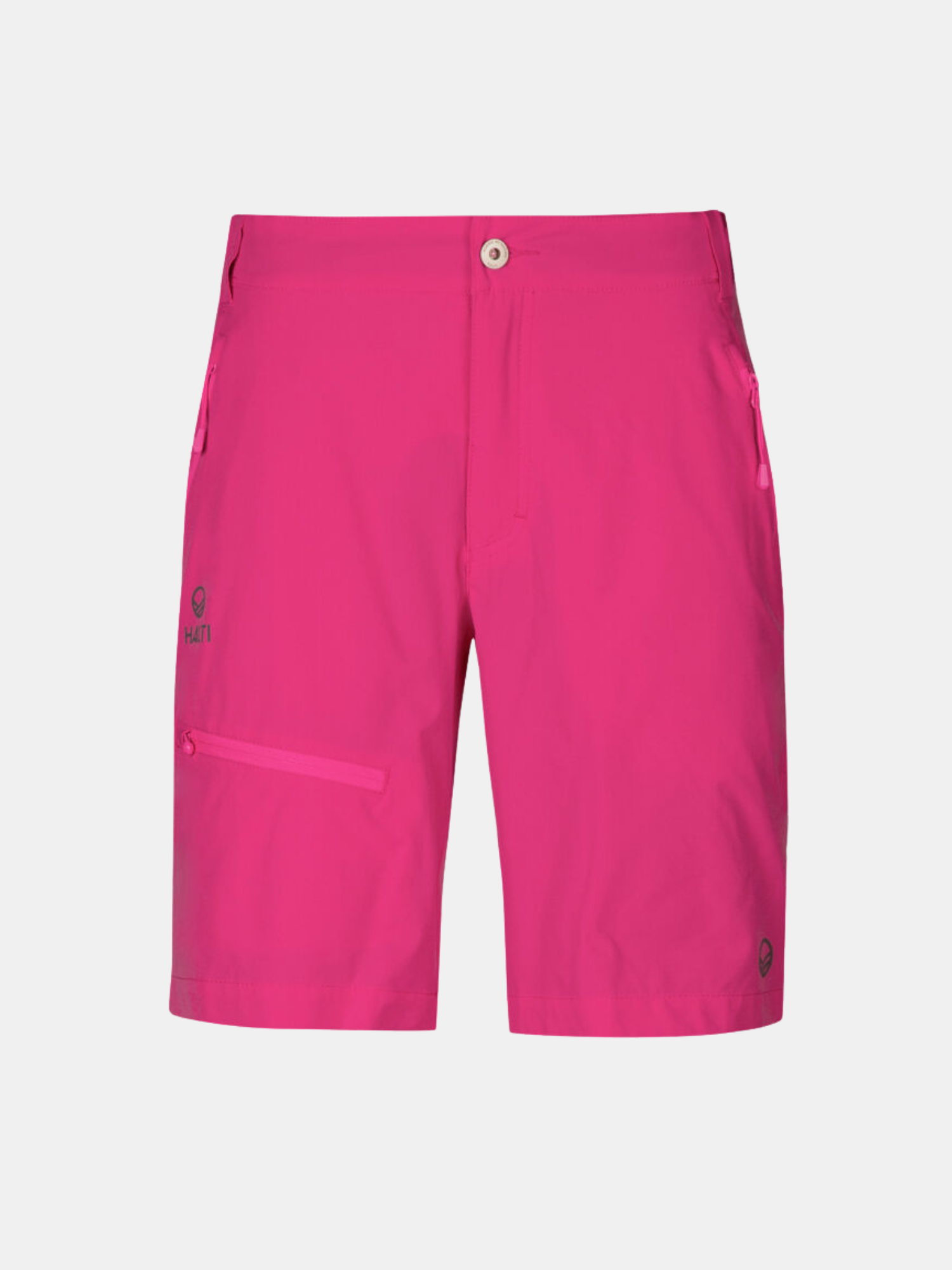Halti Pallas Naisten Naisten X-stretch Lite -shortsit kirkkaan vaaleanpunaisella Quick Dry -kankaalla ja vetoketjullisilla taskuilla, valkoisella pohjalla.