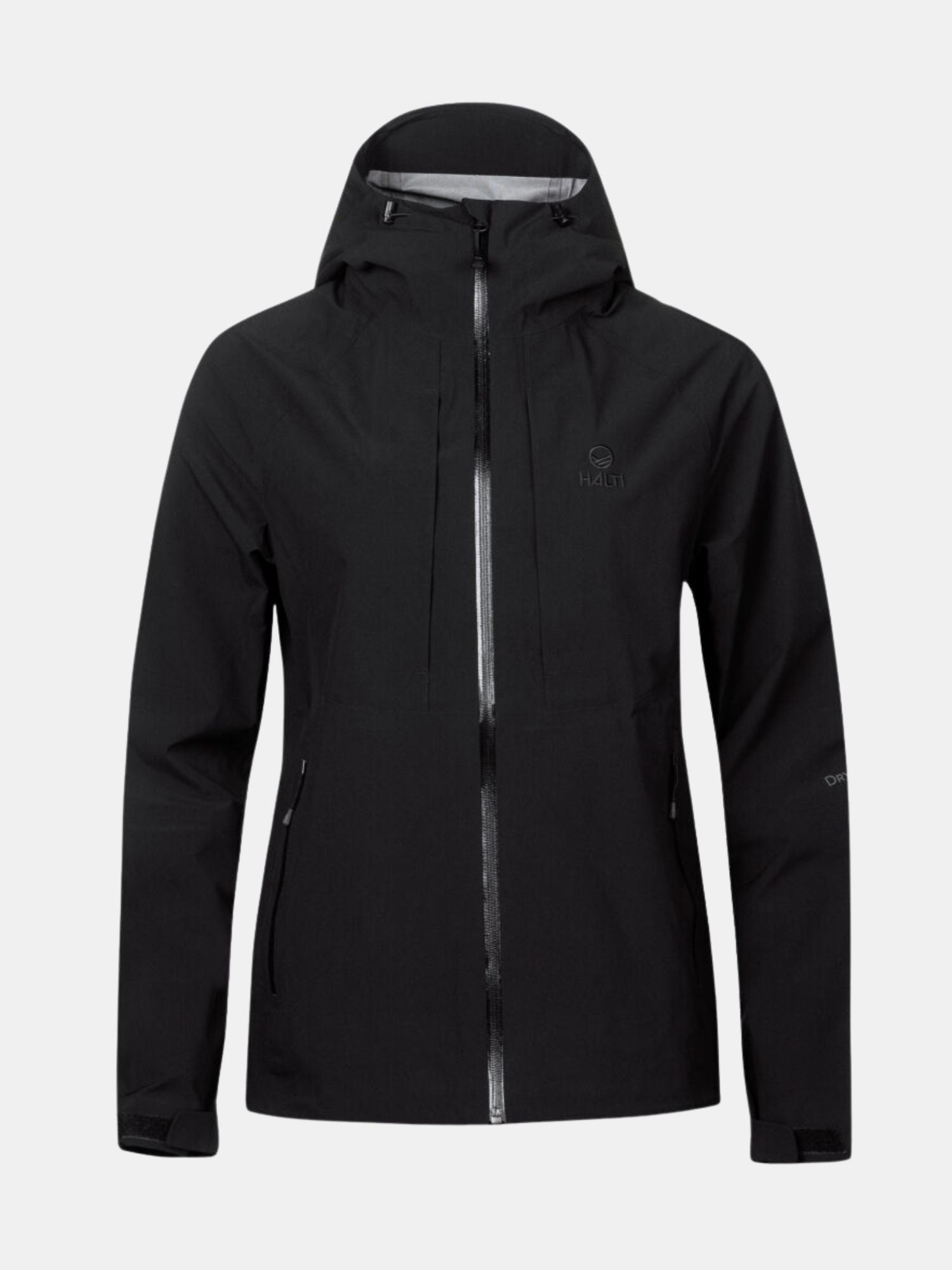Halti Kaarna DX 3L Kuoritakki Naisten on musta ja siinä on vetoketju edessä, vetoketjutaskut ja pitkät hihat.