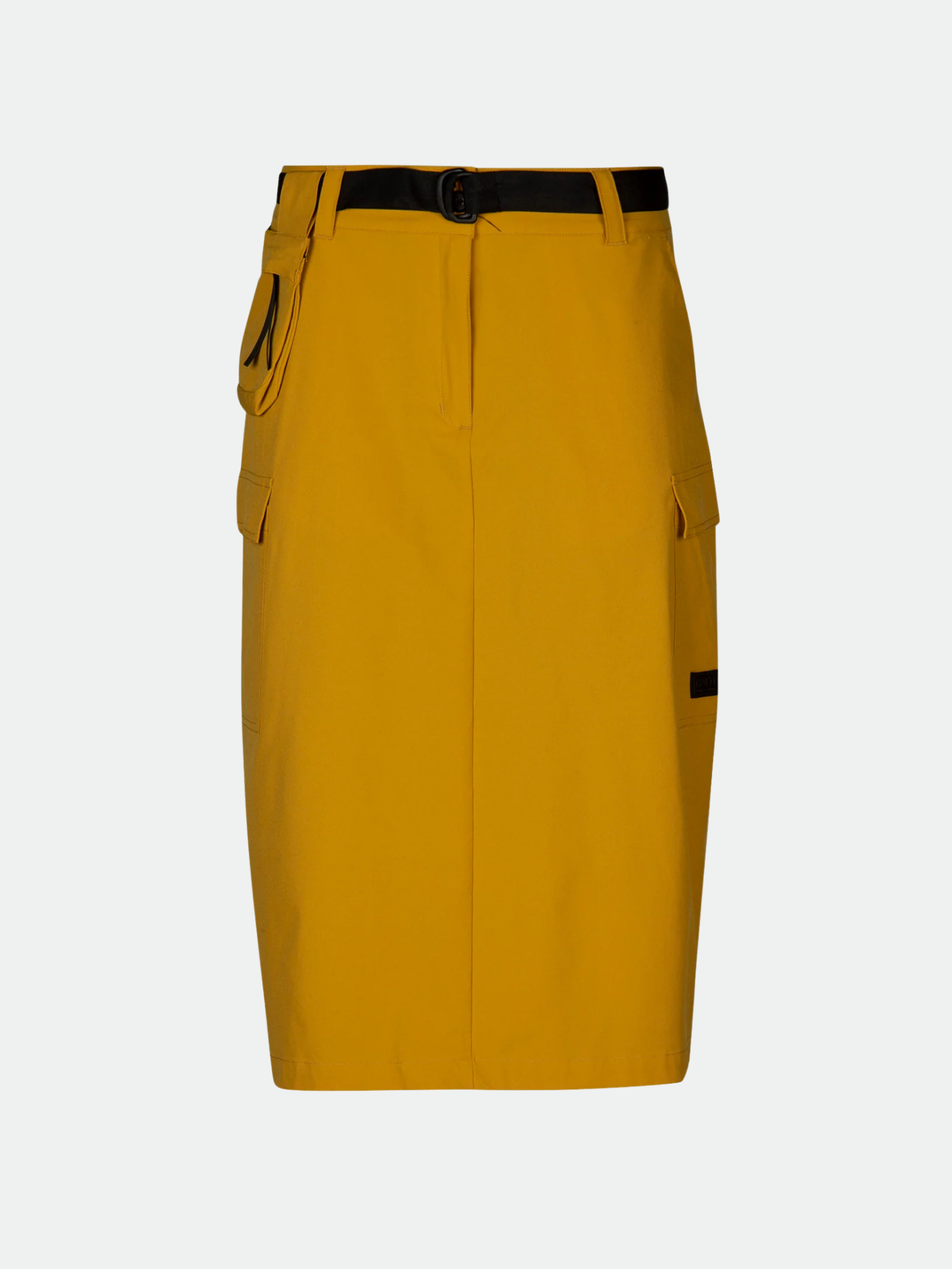 Keltaisessa Halti Rundi Naisten Midi Hame -takissa on sivutaskut, musta vyö, pussi ja Quick Dry Stretch ECO RECY -materiaalia.