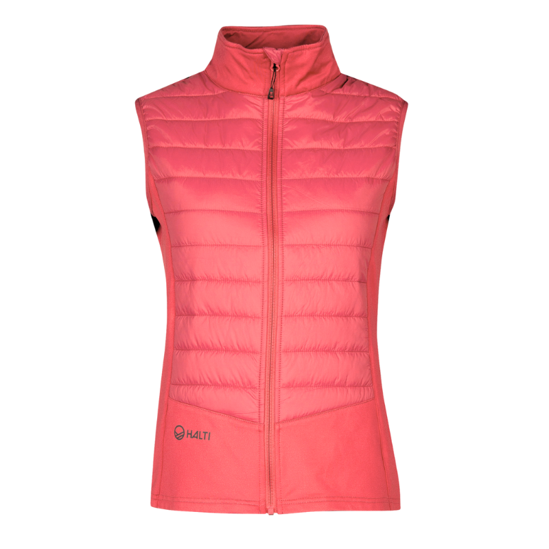 Halti Veidnes Naisten Liivi: hihaton pinkki tikattu toppaliivi, jossa vetoketju edessä, Halti-logo vasemmassa alakulmassa.