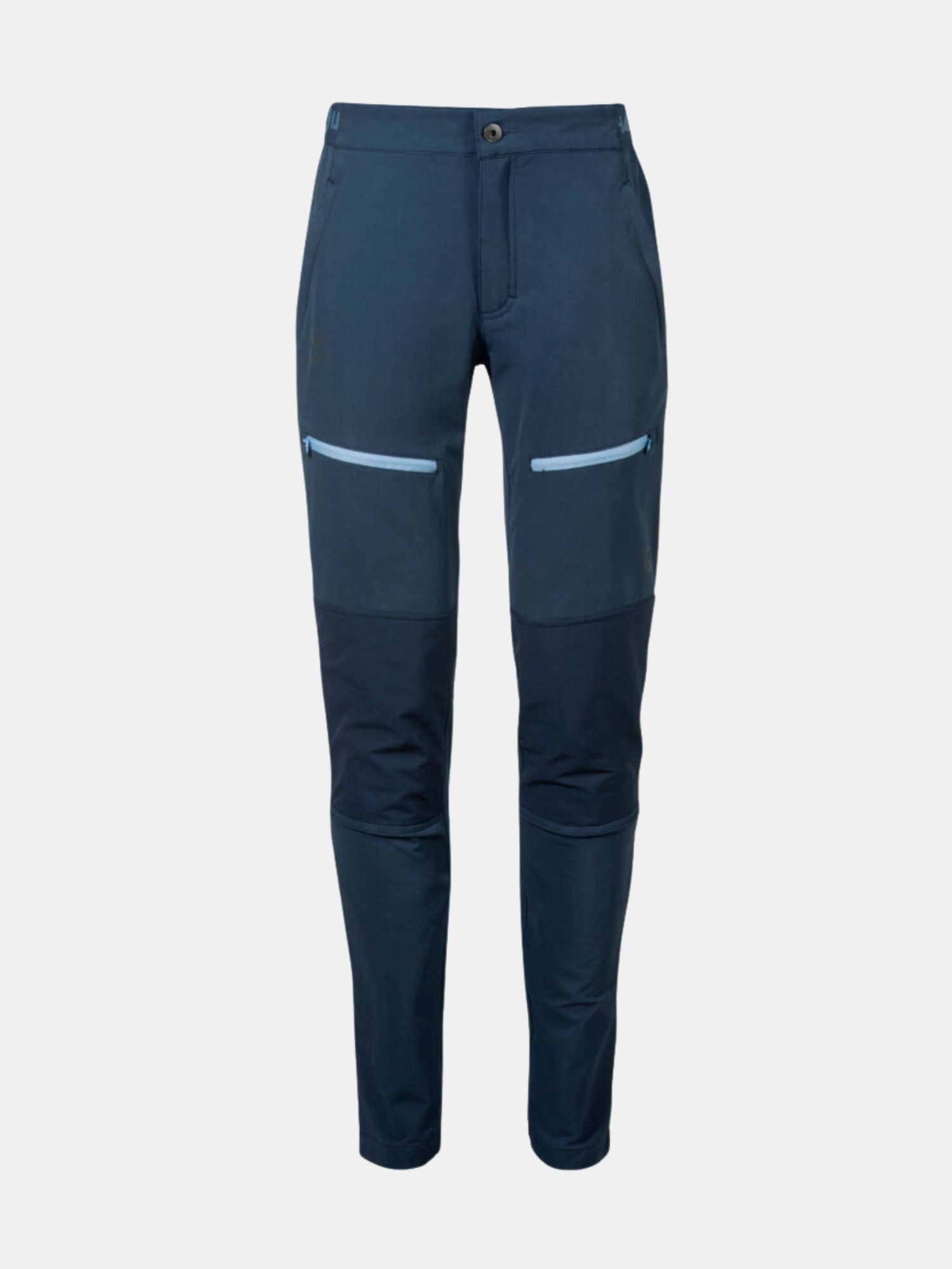 Halti Pallas II Naisten Warm X-stretch -takki, laivastonsininen, vaaleansinisillä vetoketjuilla ja joustavilla, hengittävillä polvipaneeleilla.